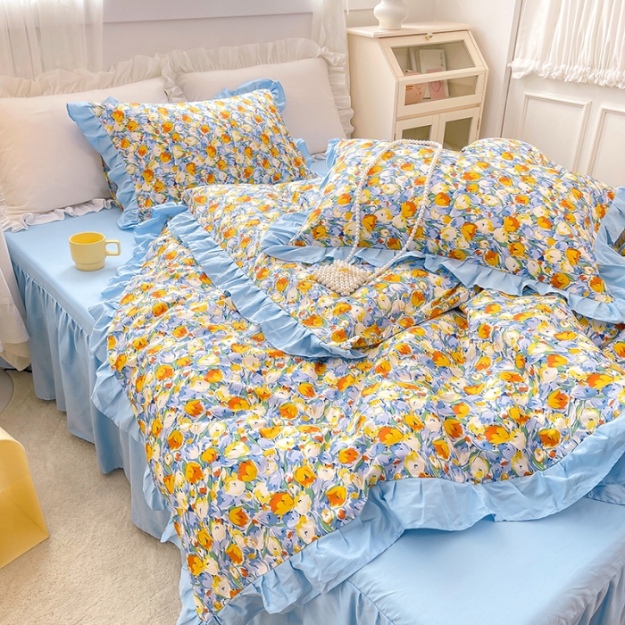 91家纺网 家纺一手货源 找家纺 金丝鸟 2021新款全棉韩版床裙款四件套 巴黎花园床裙款