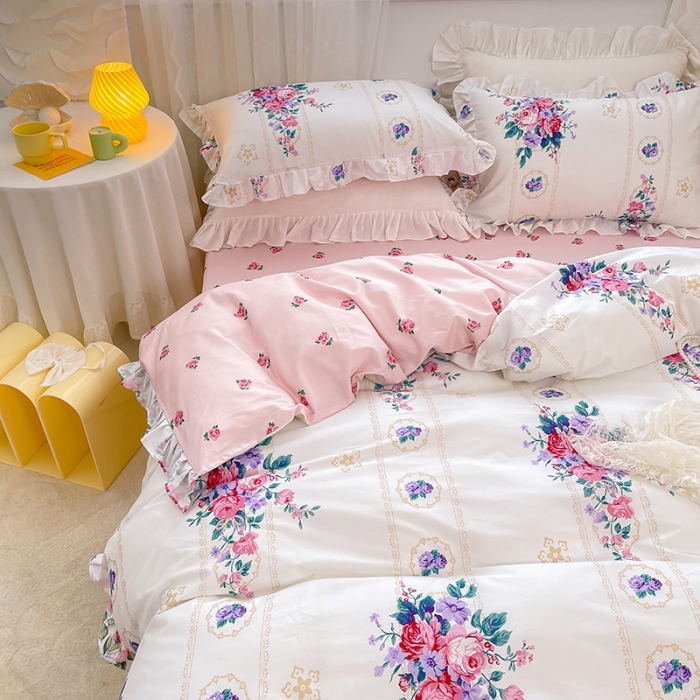 91家纺网 家纺一手货源 找家纺 金丝鸟 2021新款全棉韩版床裙款四件套 花满庭床裙款