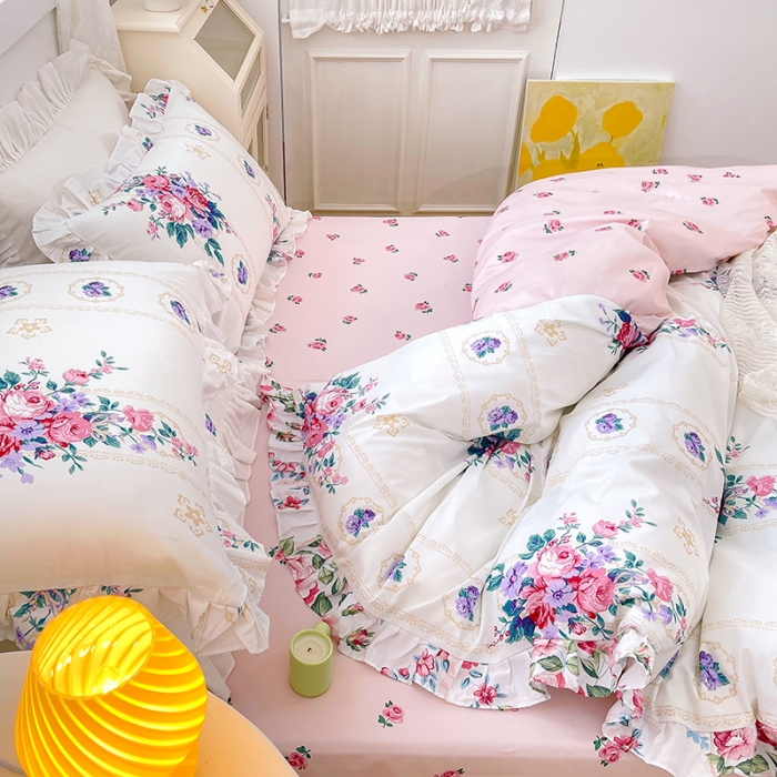 91家纺网 家纺一手货源 找家纺 金丝鸟 2021新款全棉韩版床裙款四件套 花满庭床裙款