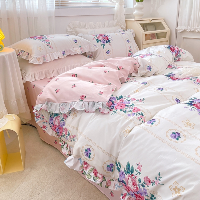 91家纺网 家纺一手货源 找家纺 金丝鸟 2021新款全棉韩版床裙款四件套 花满庭床裙款