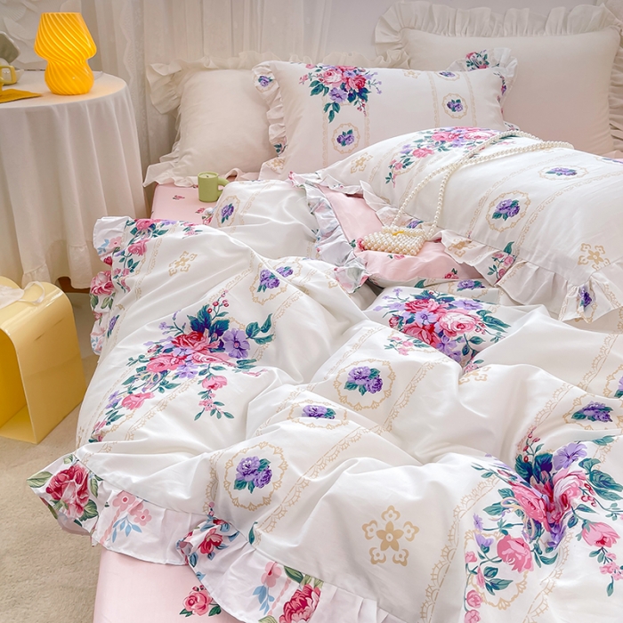 91家纺网 家纺一手货源 找家纺 金丝鸟 2021新款全棉韩版床裙款四件套 花满庭床裙款