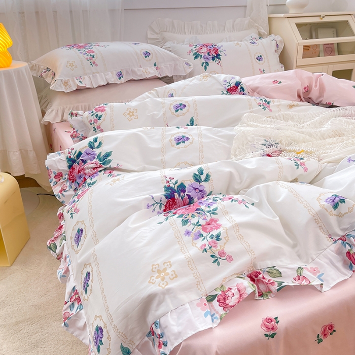 91家纺网 家纺一手货源 找家纺 金丝鸟 2021新款全棉韩版床裙款四件套 花满庭床裙款