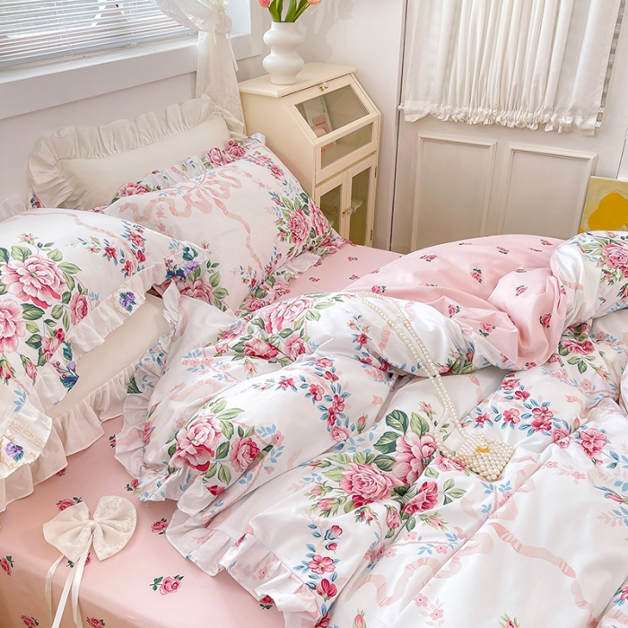 91家纺网 家纺一手货源 找家纺 金丝鸟 2021新款全棉韩版床裙款四件套 花蔓床裙款