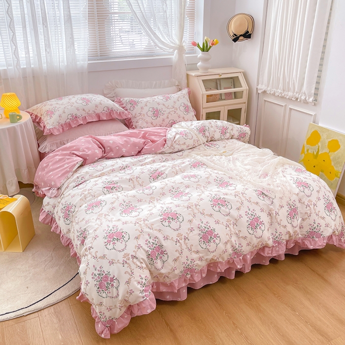 91家纺网 家纺一手货源 找家纺 金丝鸟 2021新款全棉韩版床裙款四件套 花瑶床裙款