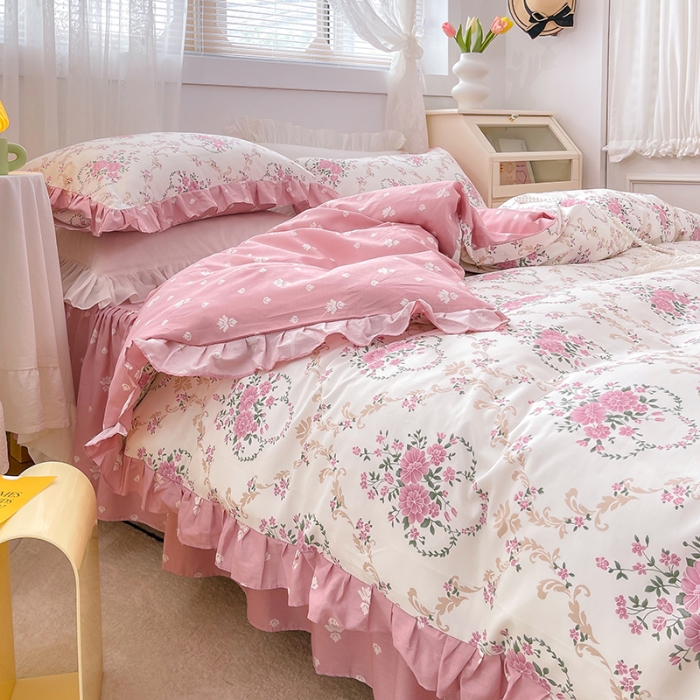 91家纺网 家纺一手货源 找家纺 金丝鸟 2021新款全棉韩版床裙款四件套 花瑶床裙款