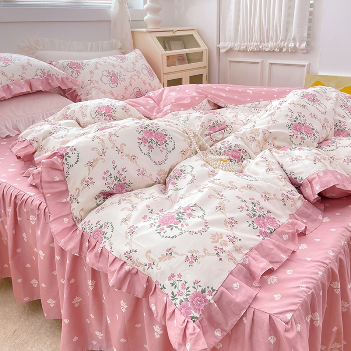 91家纺网 家纺一手货源 找家纺 金丝鸟 2021新款全棉韩版床裙款四件套 花瑶床裙款