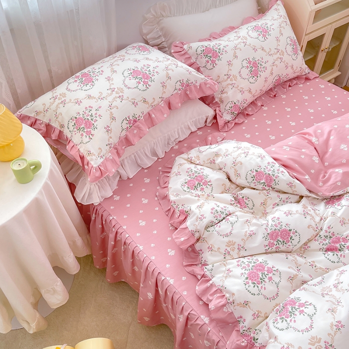 91家纺网 家纺一手货源 找家纺 金丝鸟 2021新款全棉韩版床裙款四件套 花瑶床裙款