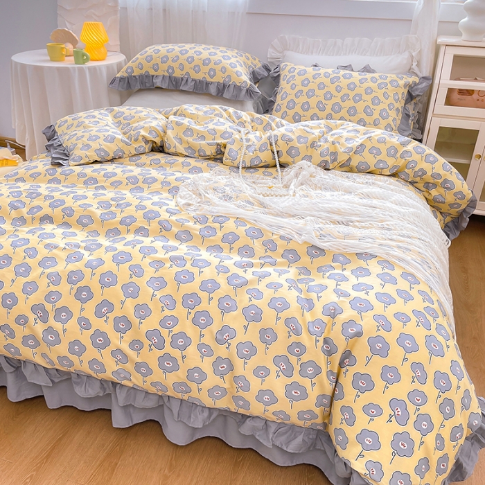 91家纺网 家纺一手货源 找家纺 金丝鸟 2021新款全棉韩版床裙款四件套 花语床裙款