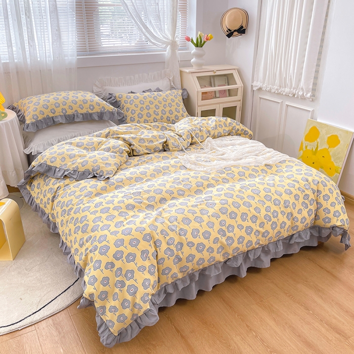 91家纺网 家纺一手货源 找家纺 金丝鸟 2021新款全棉韩版床裙款四件套 花语床裙款