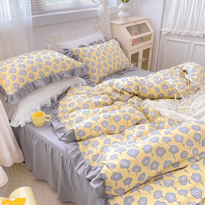 91家纺网 家纺一手货源 找家纺 金丝鸟 2021新款全棉韩版床裙款四件套 花语床裙款