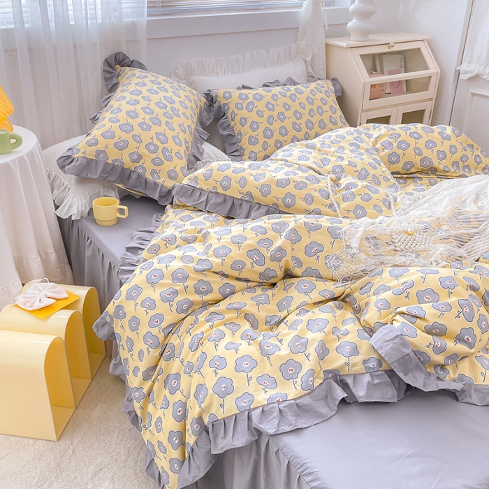 91家纺网 家纺一手货源 找家纺 金丝鸟 2021新款全棉韩版床裙款四件套 花语床裙款