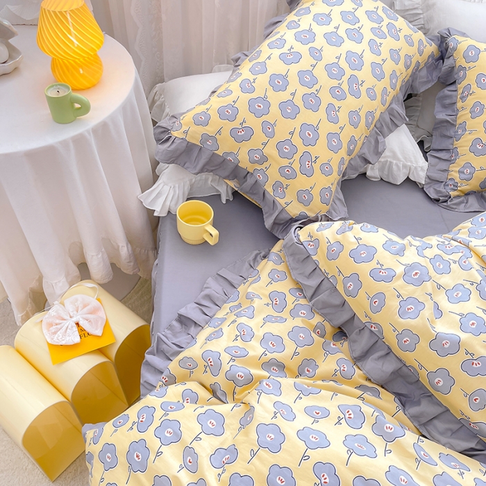 91家纺网 家纺一手货源 找家纺 金丝鸟 2021新款全棉韩版床裙款四件套 花语床裙款