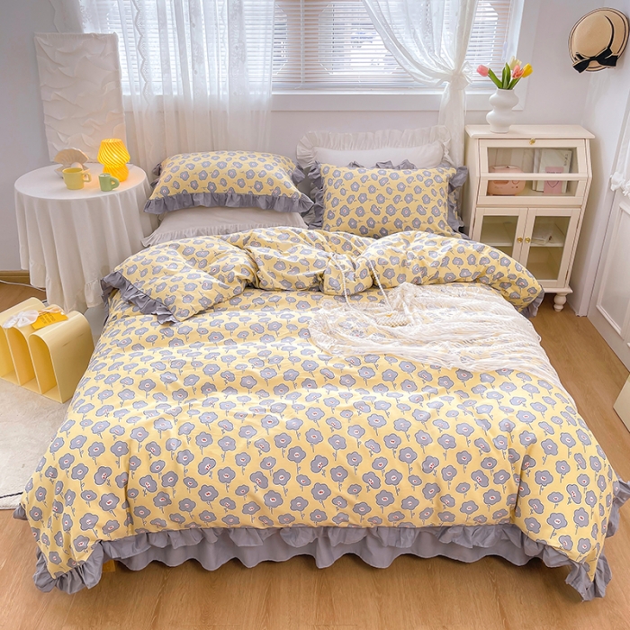 91家纺网 家纺一手货源 找家纺 金丝鸟 2021新款全棉韩版床裙款四件套 花语床裙款