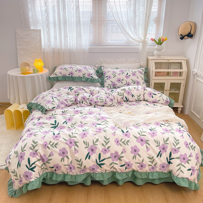 91家纺网 家纺一手货源 找家纺 金丝鸟 2021新款全棉韩版床裙款四件套 晚风床裙款