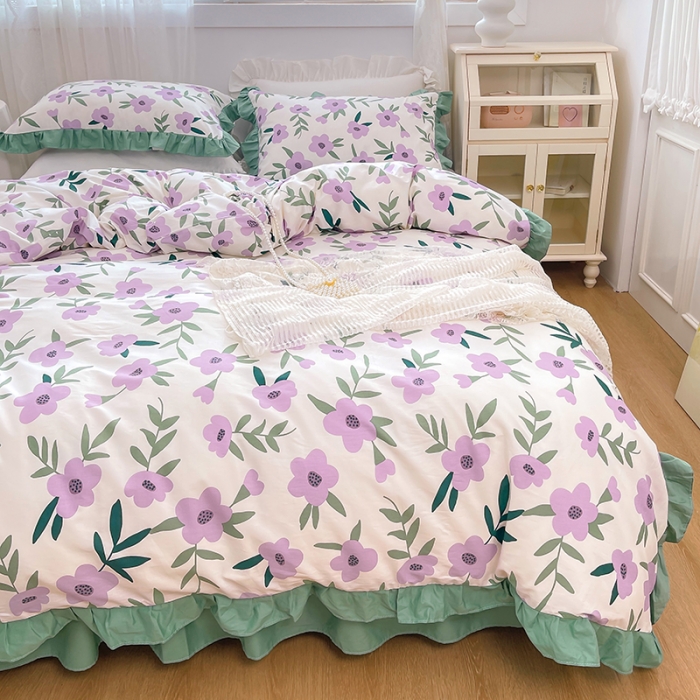 91家纺网 家纺一手货源 找家纺 金丝鸟 2021新款全棉韩版床裙款四件套 晚风床裙款