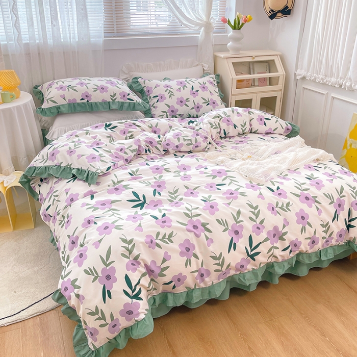 91家纺网 家纺一手货源 找家纺 金丝鸟 2021新款全棉韩版床裙款四件套 晚风床裙款