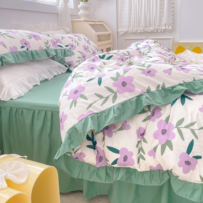 91家纺网 家纺一手货源 找家纺 金丝鸟 2021新款全棉韩版床裙款四件套 晚风床裙款