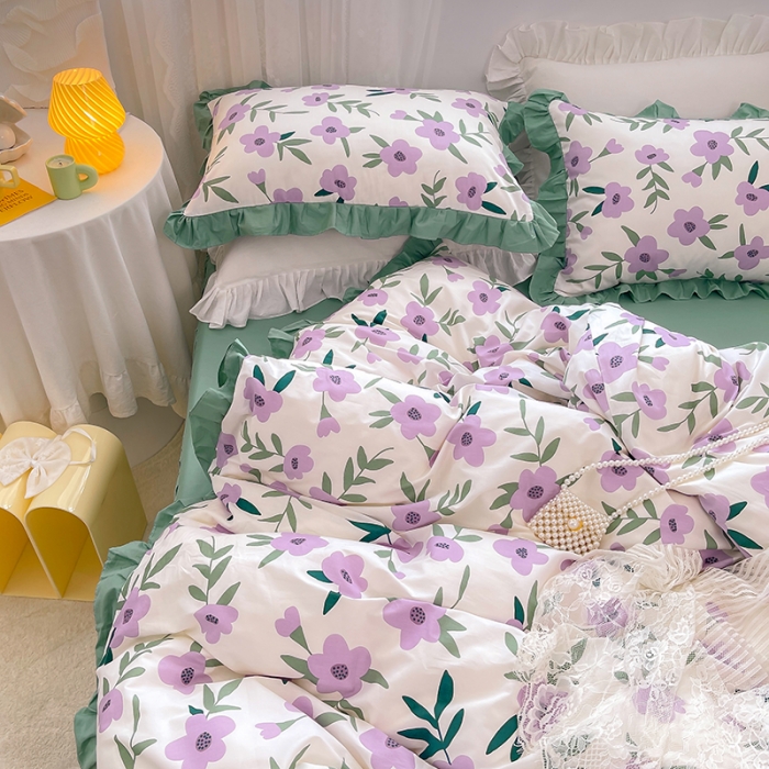 91家纺网 家纺一手货源 找家纺 金丝鸟 2021新款全棉韩版床裙款四件套 晚风床裙款