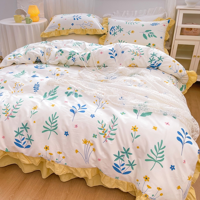 91家纺网 家纺一手货源 找家纺 金丝鸟 2021新款全棉韩版床裙款四件套 枝丫床裙款