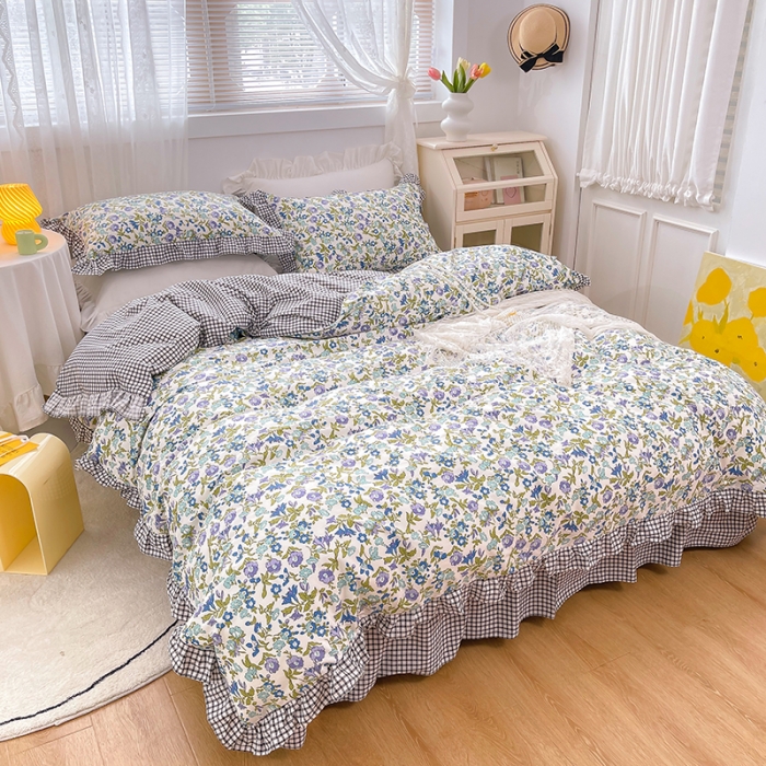 91家纺网 家纺一手货源 找家纺 金丝鸟 2021新款全棉韩版床裙款四件套 紫色牵牛床裙款