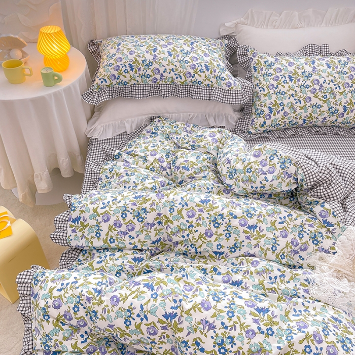 91家纺网 家纺一手货源 找家纺 金丝鸟 2021新款全棉韩版床裙款四件套 紫色牵牛床裙款