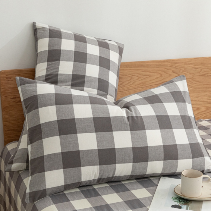 91家纺网 家纺一手货源 找家纺 蓝巢家纺 2021新款全棉水洗棉枕套一对 灰中格