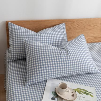 蓝巢家纺 2021新款全棉水洗棉枕套一对 蓝小格