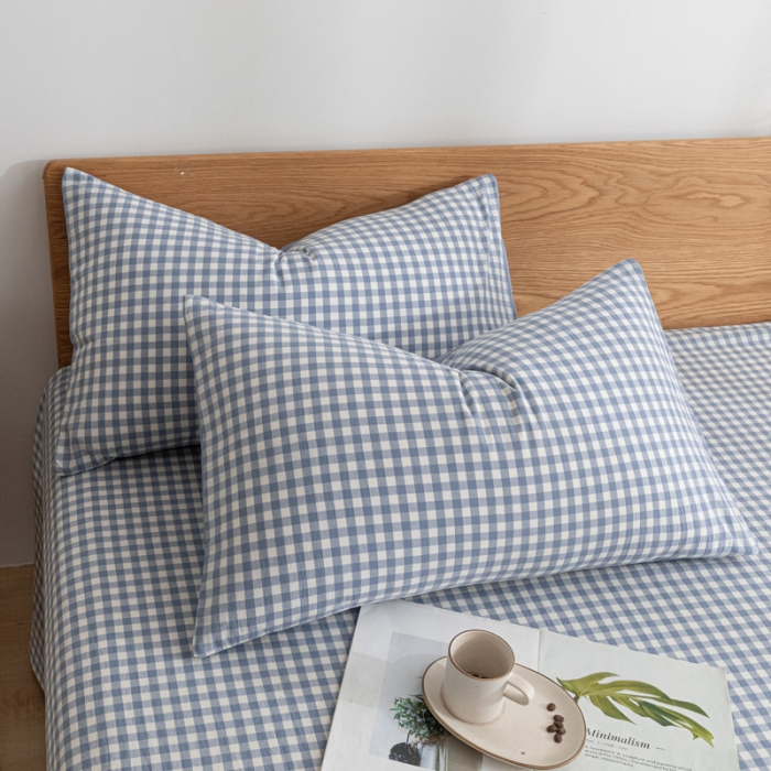 91家纺网 家纺一手货源 找家纺 蓝巢家纺 2021新款全棉水洗棉枕套一对 蓝小格