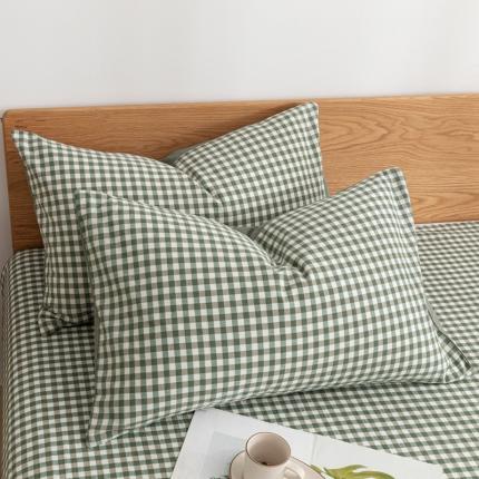 蓝巢家纺 2021新款全棉水洗棉枕套一对 绿小格