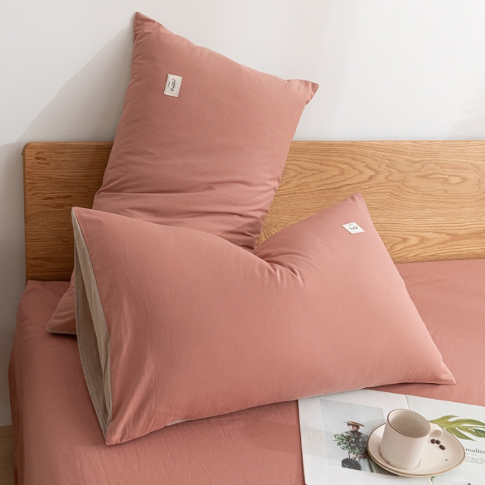 91家纺网 家纺一手货源 找家纺 蓝巢家纺 2021新款全棉水洗棉枕套一对 珊瑚红卡其