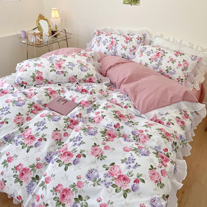 91家纺网 家纺一手货源 找家纺 琪格格纺织 2022新款水洗棉蕾丝边四件套 忘忧