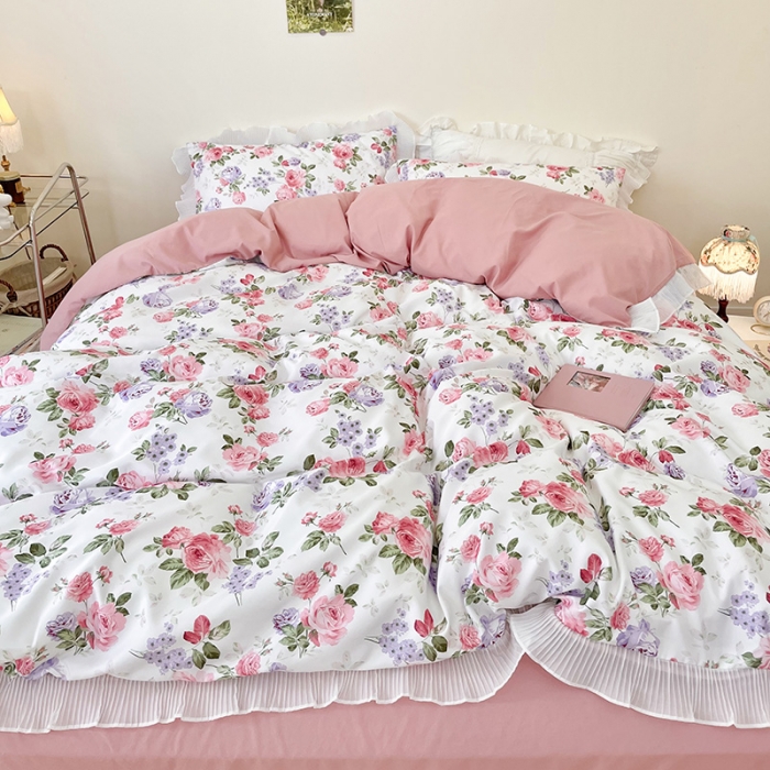 91家纺网 家纺一手货源 找家纺 琪格格纺织 2022新款水洗棉蕾丝边四件套 忘忧