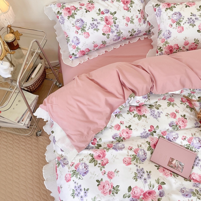 91家纺网 家纺一手货源 找家纺 琪格格纺织 2022新款水洗棉蕾丝边四件套 忘忧