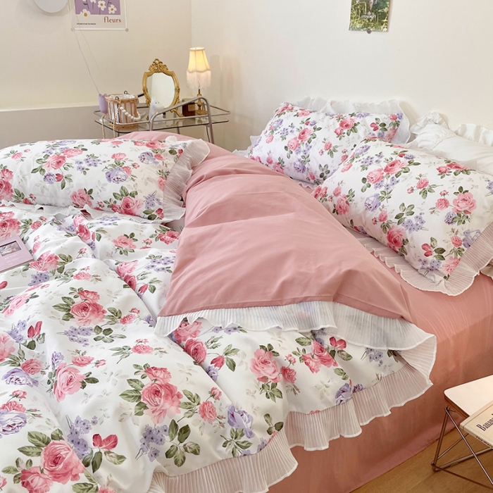 91家纺网 家纺一手货源 找家纺 琪格格纺织 2022新款水洗棉蕾丝边四件套 忘忧