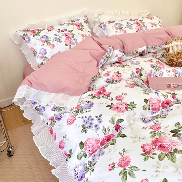 91家纺网 家纺一手货源 找家纺 琪格格纺织 2022新款水洗棉蕾丝边四件套 忘忧