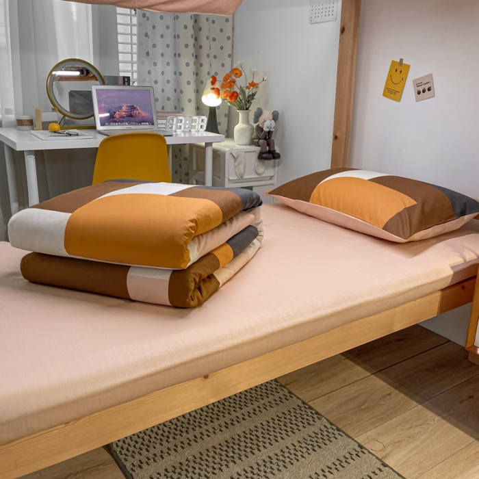 91家纺网 家纺一手货源 找家纺 金爱家2021新款纯棉时尚简约北欧学生床三件套 奥利文格-咖