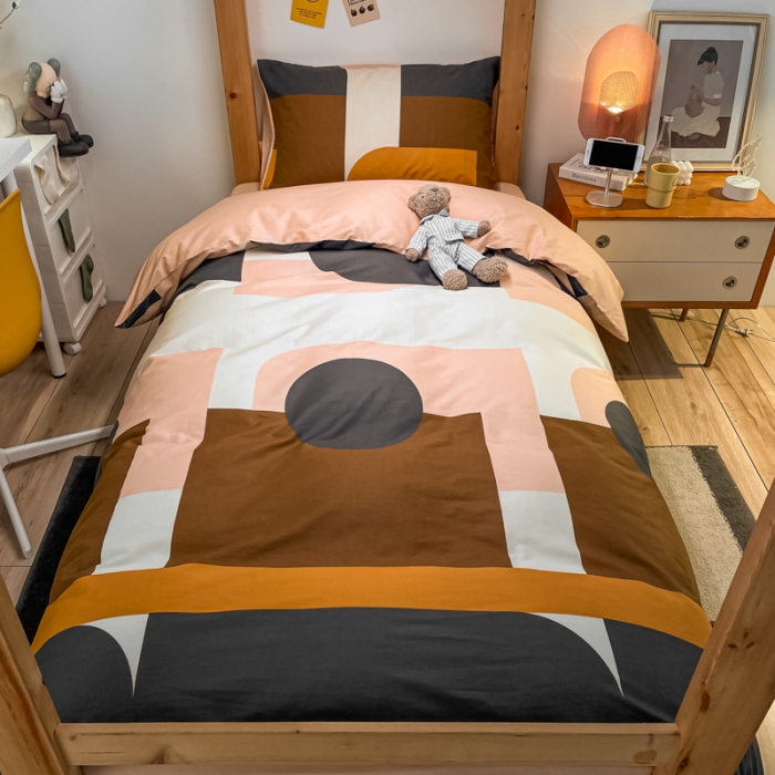 91家纺网 家纺一手货源 找家纺 金爱家2021新款纯棉时尚简约北欧学生床三件套 奥利文格-咖