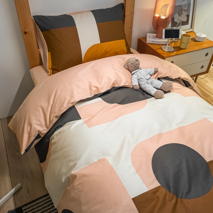 91家纺网 家纺一手货源 找家纺 金爱家2021新款纯棉时尚简约北欧学生床三件套 奥利文格-咖