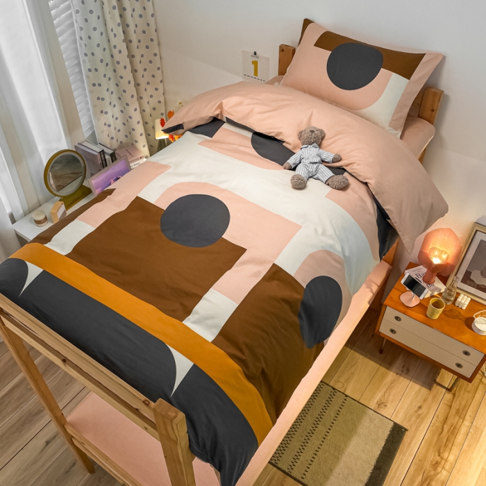 91家纺网 家纺一手货源 找家纺 金爱家2021新款纯棉时尚简约北欧学生床三件套 奥利文格-咖