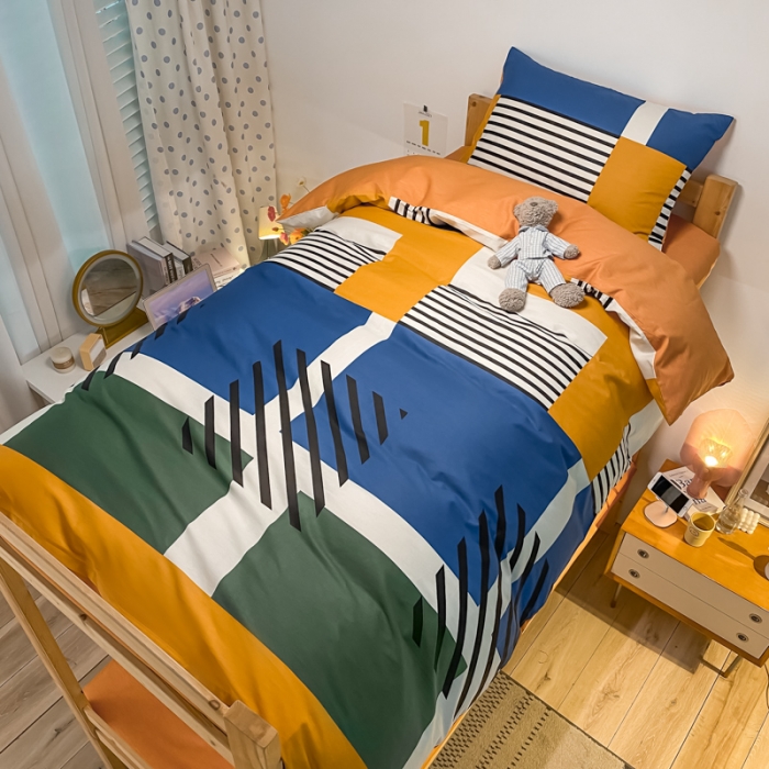 91家纺网 家纺一手货源 找家纺 金爱家2021新款纯棉时尚简约北欧学生床三件套 梵雅-蓝