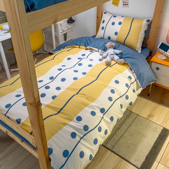 91家纺网 家纺一手货源 找家纺 金爱家2021新款纯棉时尚简约北欧学生床三件套 黄色波点