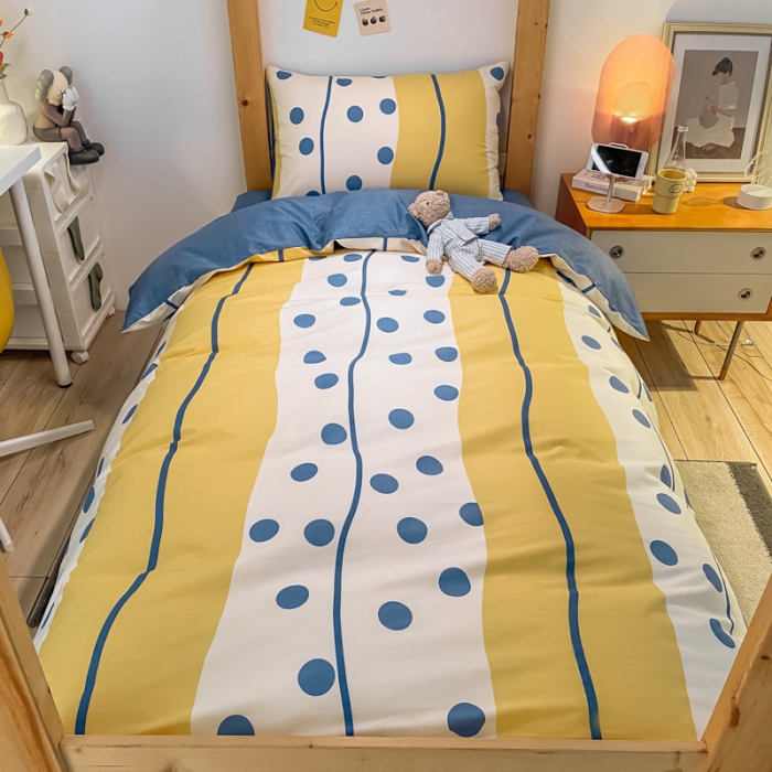 91家纺网 家纺一手货源 找家纺 金爱家2021新款纯棉时尚简约北欧学生床三件套 黄色波点