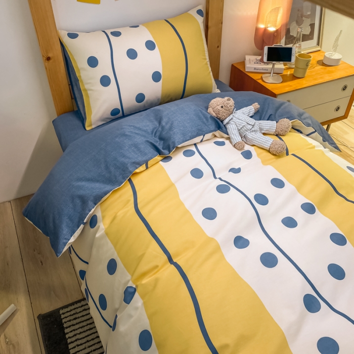 91家纺网 家纺一手货源 找家纺 金爱家2021新款纯棉时尚简约北欧学生床三件套 黄色波点