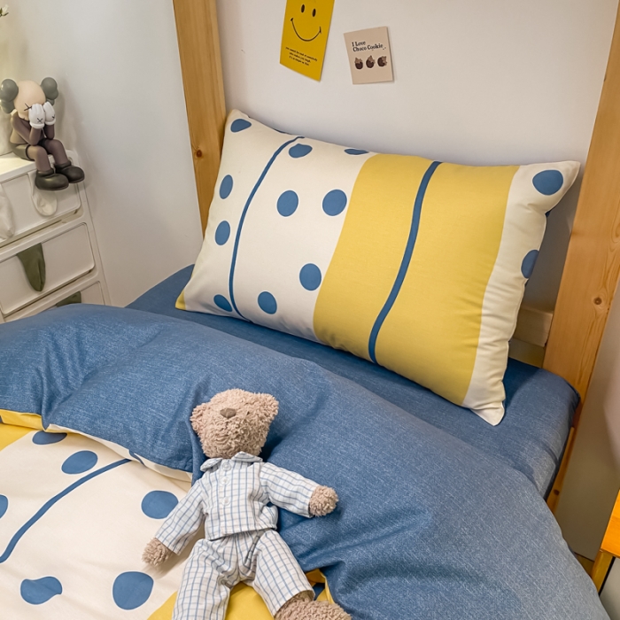 91家纺网 家纺一手货源 找家纺 金爱家2021新款纯棉时尚简约北欧学生床三件套 黄色波点