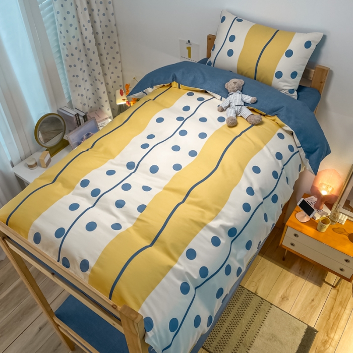 91家纺网 家纺一手货源 找家纺 金爱家2021新款纯棉时尚简约北欧学生床三件套 黄色波点