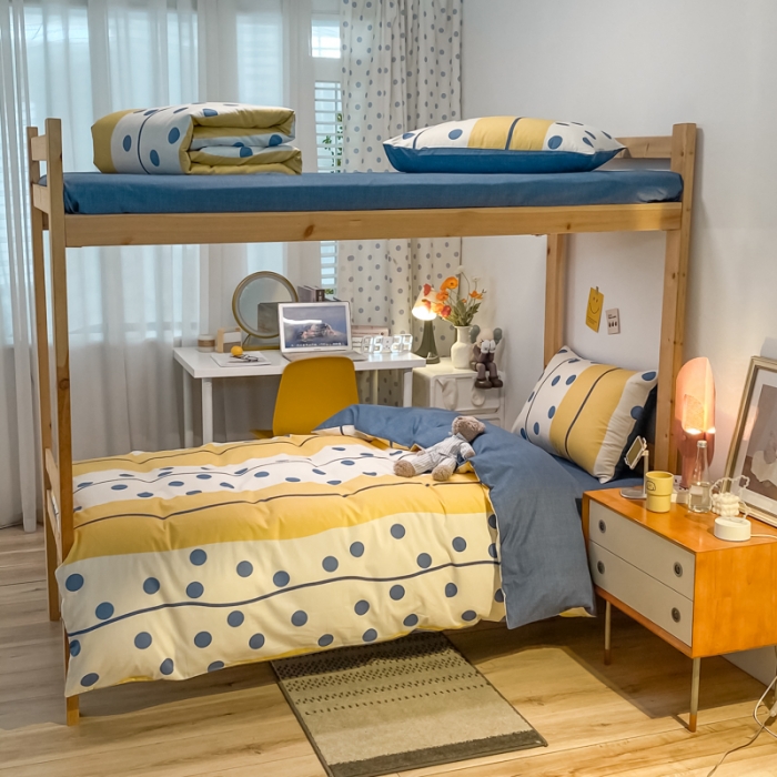 91家纺网 家纺一手货源 找家纺 金爱家2021新款纯棉时尚简约北欧学生床三件套 黄色波点