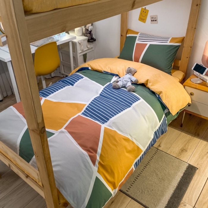 91家纺网 家纺一手货源 找家纺 金爱家2021新款纯棉时尚简约北欧学生床三件套 凯诺-蓝