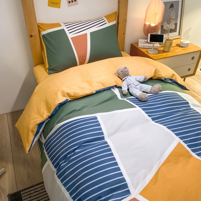 91家纺网 家纺一手货源 找家纺 金爱家2021新款纯棉时尚简约北欧学生床三件套 凯诺-蓝