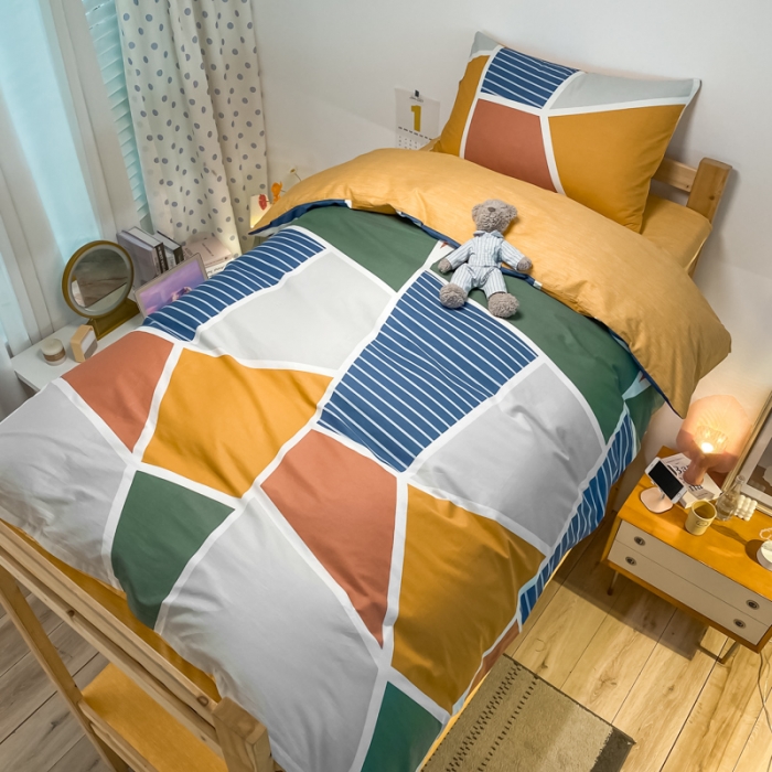 91家纺网 家纺一手货源 找家纺 金爱家2021新款纯棉时尚简约北欧学生床三件套 凯诺-蓝