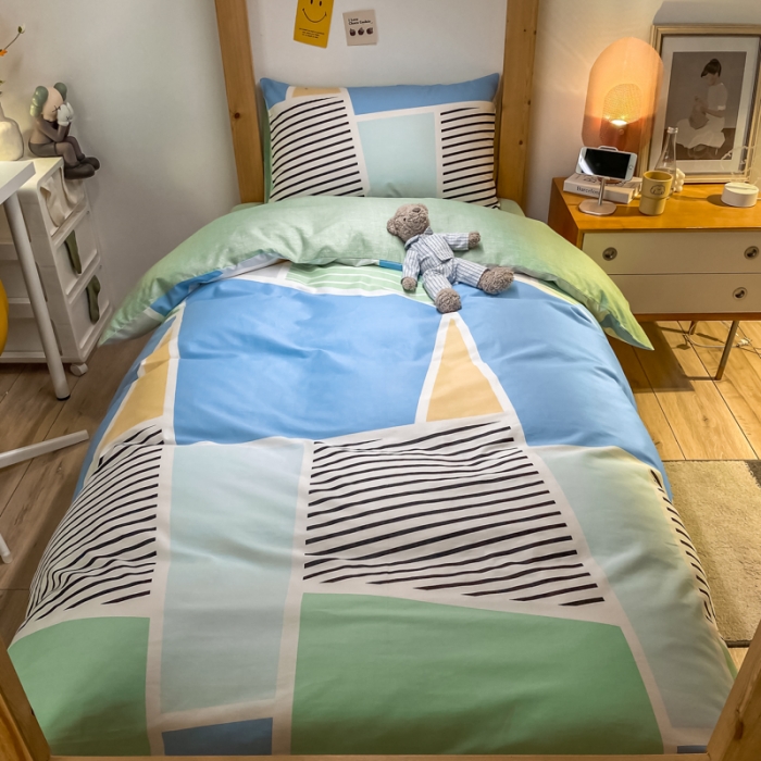 91家纺网 家纺一手货源 找家纺 金爱家2021新款纯棉时尚简约北欧学生床三件套 凯诺-绿